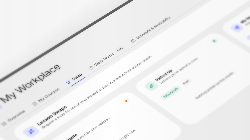 AVILA Base — My Workplace dashboard showing lesson swaps, coaches and schedule